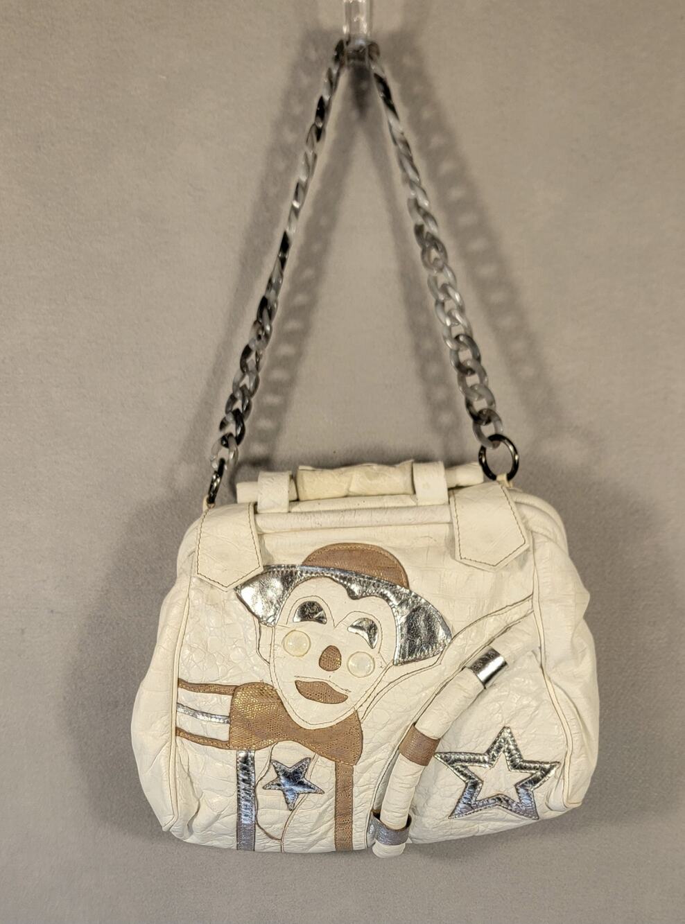 Vintage 80s Clown Leather Handbag Purse Applique Metallic Stars Doctor Bag
